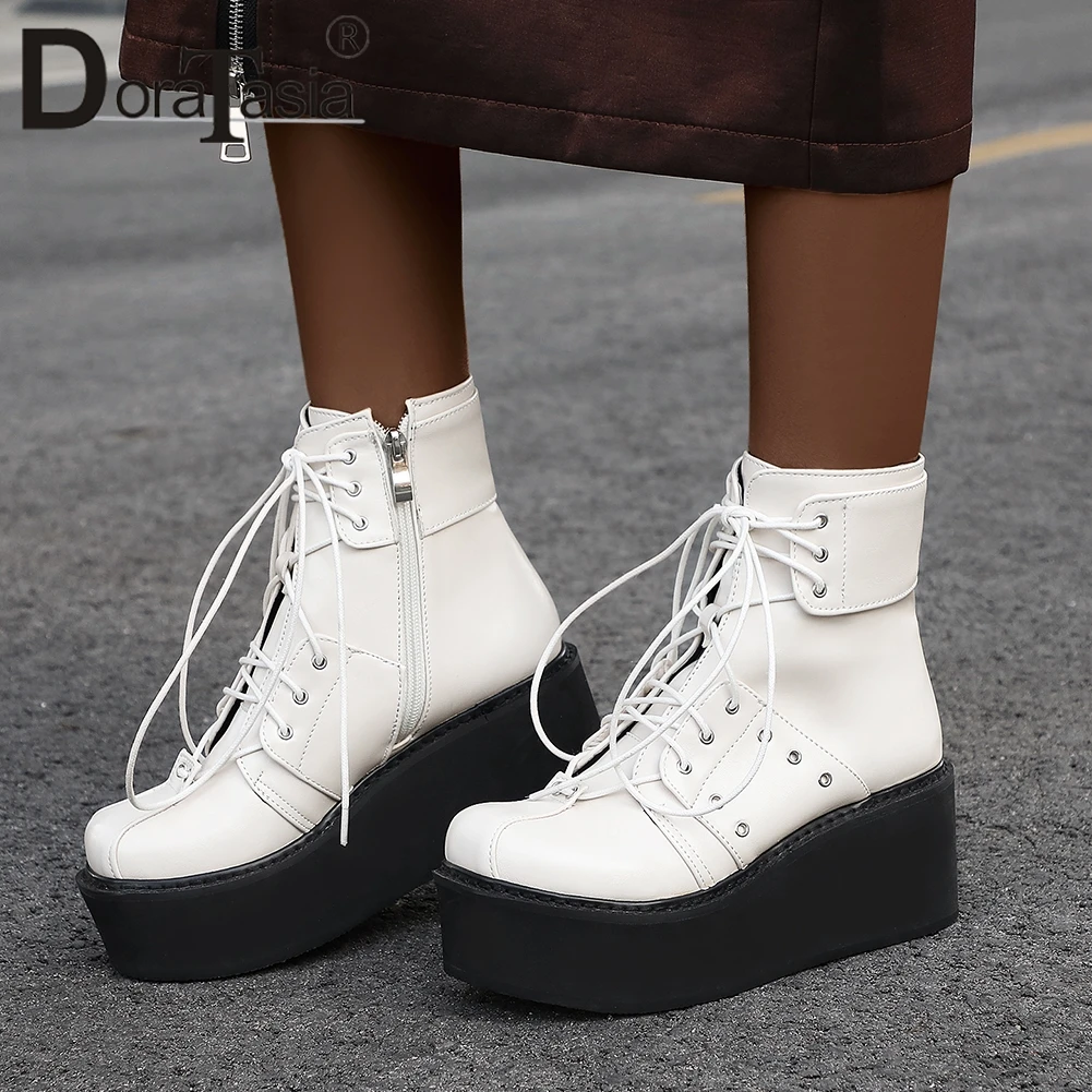 

DORATASIA Plus Size 33-46 Brand New INS Hot Ladies Wedges High Heels Shoes Woman Zip Cross Tied Leisure Party Ol Ankle Boots