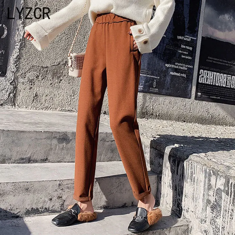 LYZCR Winter Wool Women's Pants 2020 Warm High Waist Wool Pants For Women Plus Size Woman Office Pant Beige Trousers Capris LYZCR Winter Wool Women's Pants 2020 Warm High Waist Wool Pants For Women Plus Size Woman Office Pant Beige Trousers Capris