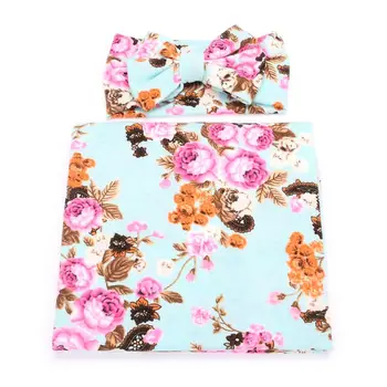 

2 Pcs/set Cute Baby Bow-knot Headband Printed Wrapping Towel Set Infants Newborn Swaddle Hair Band Shower Gifts