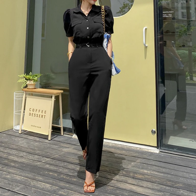 

new arrival fashion summer korean style jumpsuit women short sleeve elegant temperament OL casual young black long jumpsuit