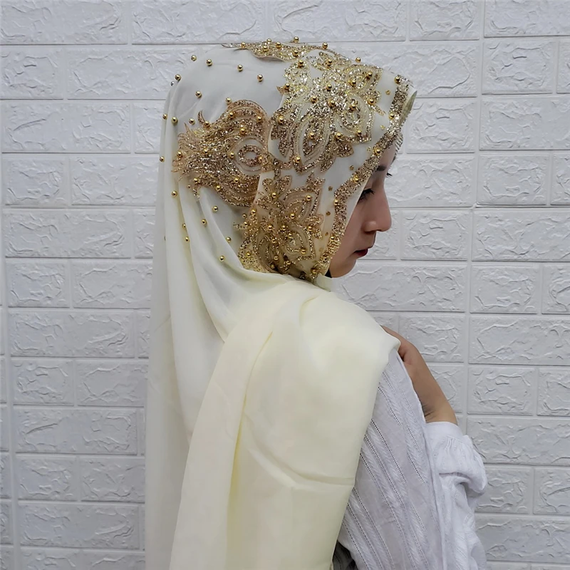 Изысканные хиджаб Бисероплетение мусульманские свадебные накидки Малайзия шифон хиджабы исламский платок дамы хиджаб femme musulman