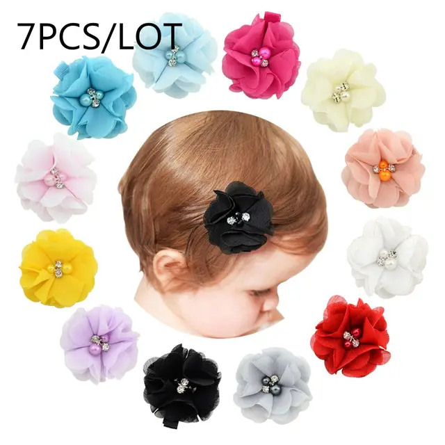 Cute 22 Colors Fashion Baby Girls Mini Chiffon Flowers Hair Clips Sweet Children Hairpins for Kids Hair Accessories D7PCSmixed