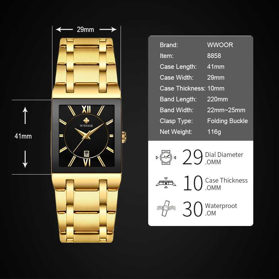 WWOOR Luxury Gold Black Watch For Women Fashion Square Quartz Watch Ladies Dress Wrist Watches Top Brand Sport Clock Reloj Mujer
