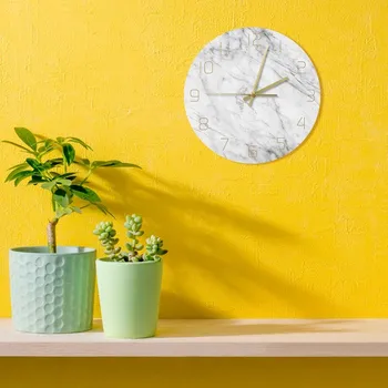 

Quartz Analog Quiet Marble Wall Clock 3D Chic White Marble Print Modern Round Wall Watch Nordic Creativity Home Decor Fashion