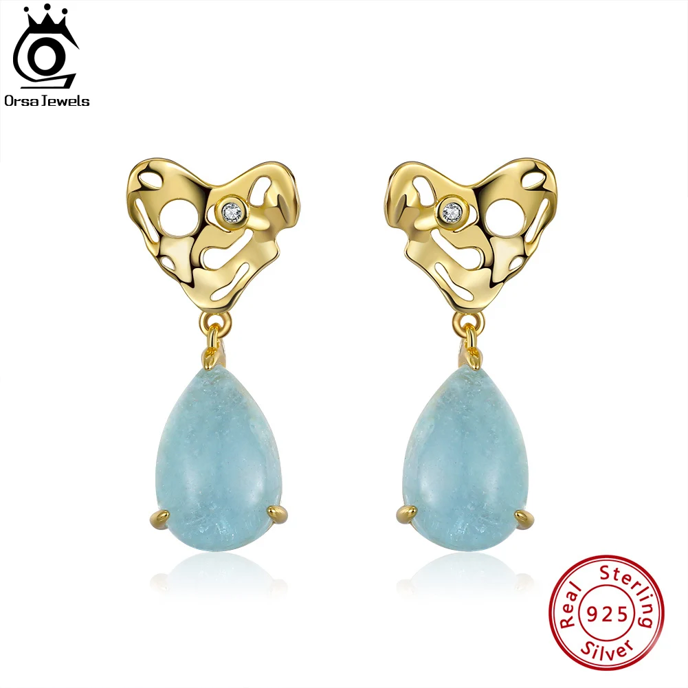 

ORSA JEWELS Genuine Natural Pear Shape Aquamarine Dangle Earrings Hammered 925 Silver Handmade Heart Earings for Women GME05