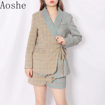 

2020 New Casual Female Cool Contrasting Color Stitching Plaid Lace-up Suit with High Waist Skirt Suit Women Two Piece Outfits