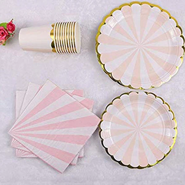 

Disposable Dinnerware Set - Serves 16 -Striped Party Supplies - Includes Dinner Plates, Dessert Plates, Napkins, Cups(Pink)