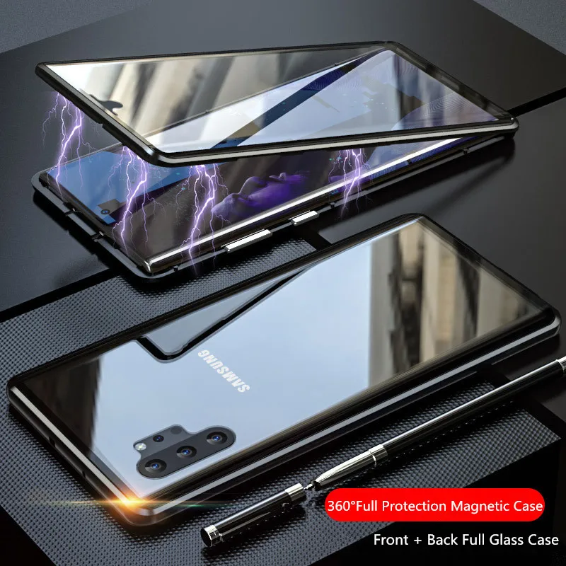 

Luxury Double Sided Front Back Clear Glass Metal Magnetic Case For Samsung Galaxy Note 10 Plus 360 Degree Full Cover Phone Case