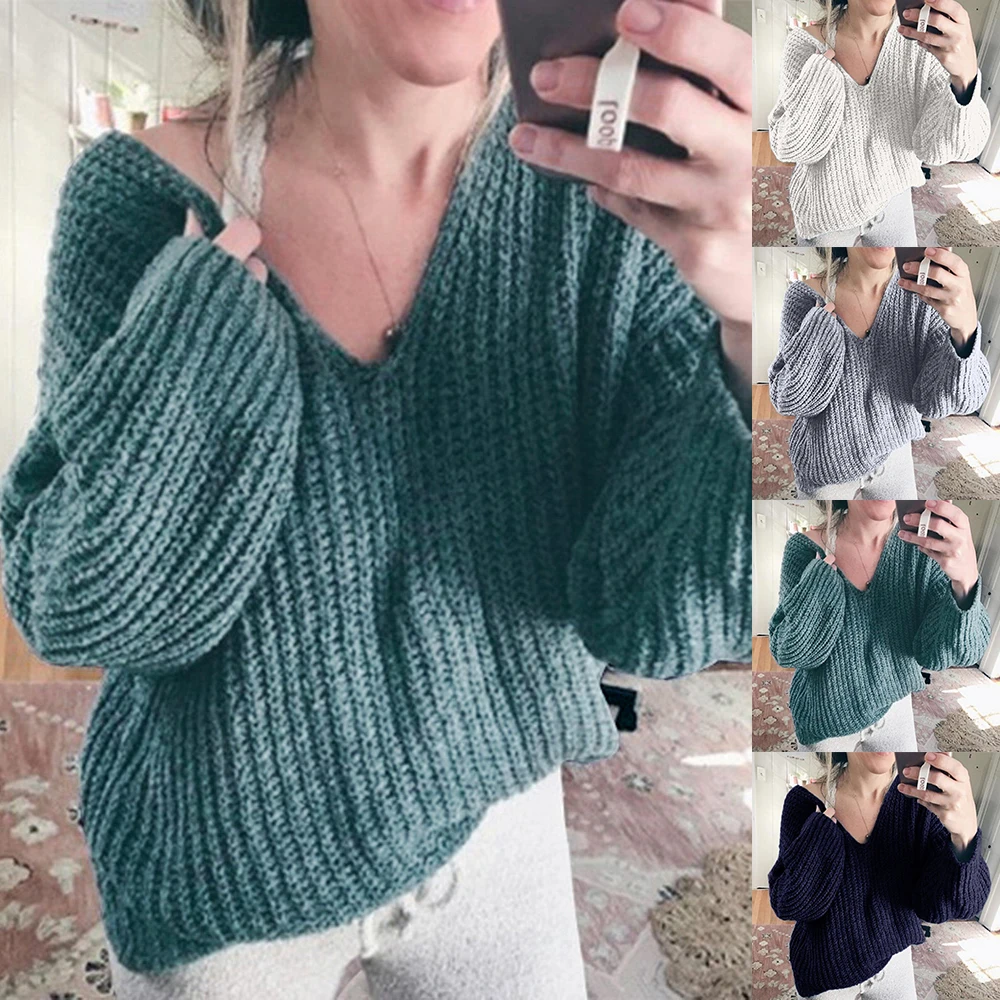 

HEFLASHOR Womens v neck Knit sweater solid Loose long sleeve Knitted Sweater female autumn fashion Harajuku Pollover Knitwear