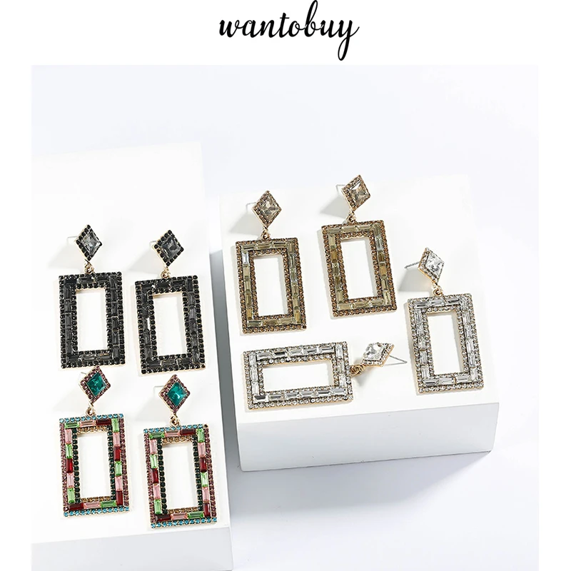 

Wantobuy Trendy Hyperbole Geometric Earrings Square Crystal Rhinestone Dangle Drop Earrings for Women Wedding Party Oorbellen
