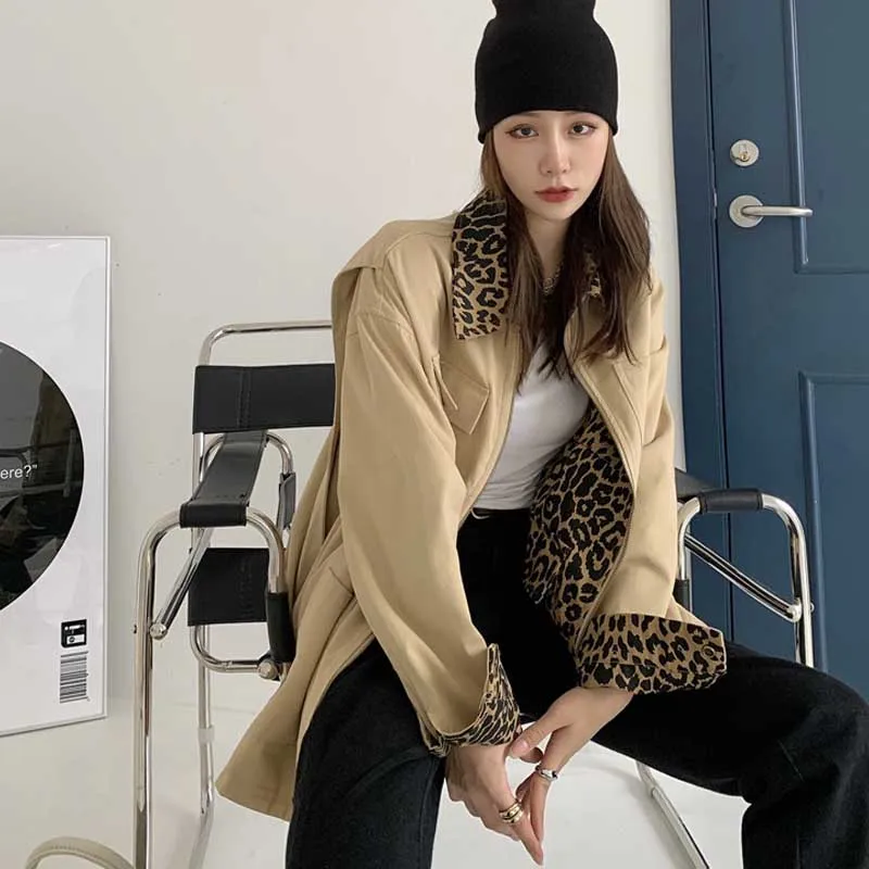 

One-Piece Ladies Korea Wear Both Sides Leopard Lapel Jacket And Cardigan Vintage Loose Casual Coat 2020 Autumn Fashion Coat Lady