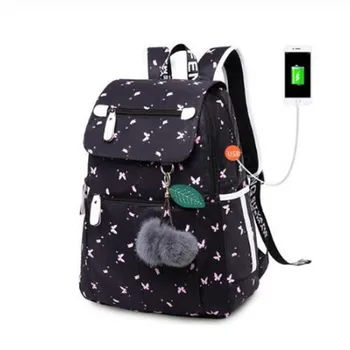 

female fashion school backpack usb school bags for girls black backpack plush ball girl schoolbag butterfly decoration