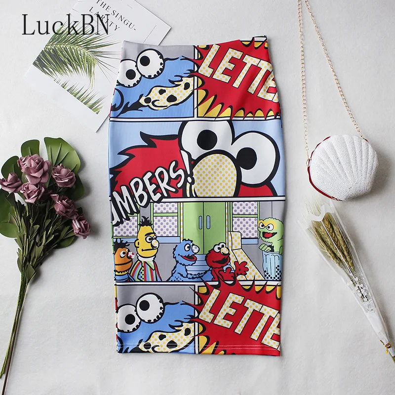 

LuckBN Women's High Waist Slim Cartoon Letter Print Bag Hip Bodycon Tube Skirt Summer Knee High Elastic Pencil Skirts Falda