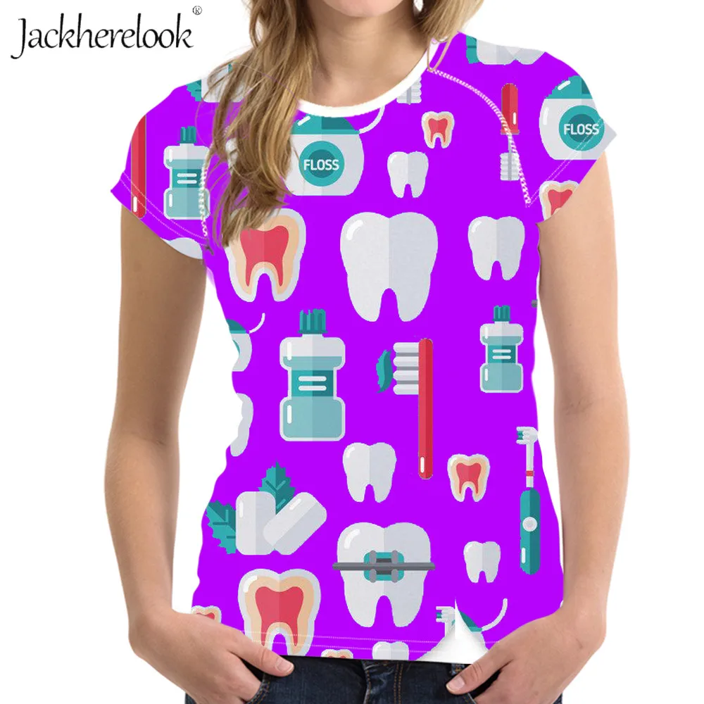 Jackherelook Purple Dental T Shirt Women Casual Tops Clothng Tooth/Dentist Pattern Harajuku Short Sleeve Ladies Tshirts Mujer | Женская
