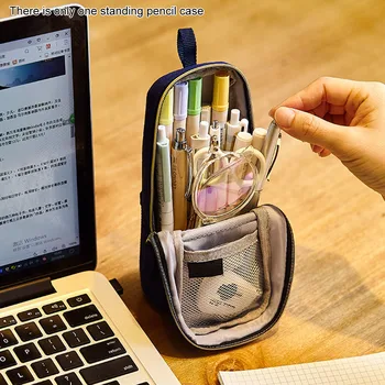 

Girl Boy Home School Pen Bag Portable Stationary Supplies Standing Pencil Case Foldable Double Zipper Students Washable Canvas