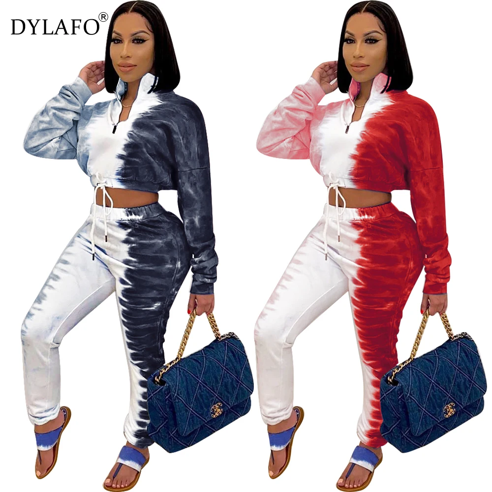 Women Two Piece Set Print Zipper Tracksuit Long Sleeve Bandage Tops+Trousers Sweatsuits Lounge Wear Outfits Matching Sets Femme
