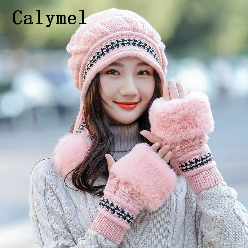 Calymel новая мода шляпа перчатки Комплект женская вязаная шапка зима уплотненный