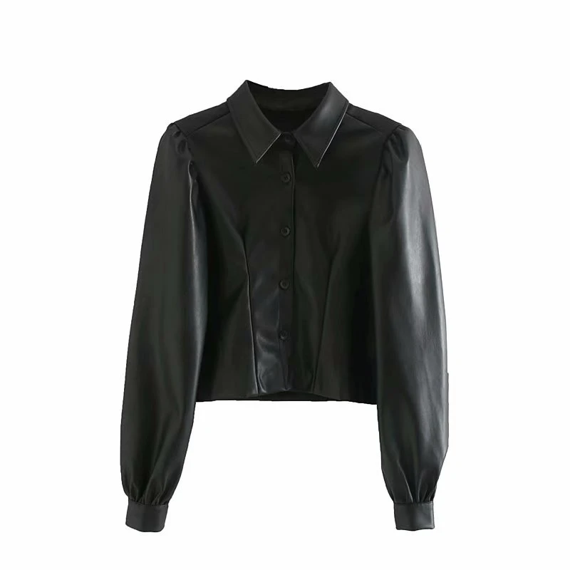 Tangada женские черные рубашки из искусственной кожи модные короткие стильные винтажные женские блузки из искусственной кожи с длинным рукавом Топы 4M124 - Цвет: Черный