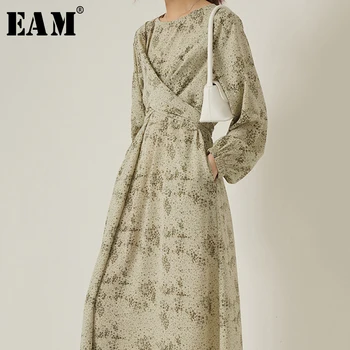 

[EAM] Women Green Pattern Printed Cross Temperament Dress New Round Neck Long Sleeve Loose Fit Fashion Spring Autumn 2020 1S321