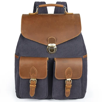 

Trend vintage genuine leather canvas travel backpack for men women