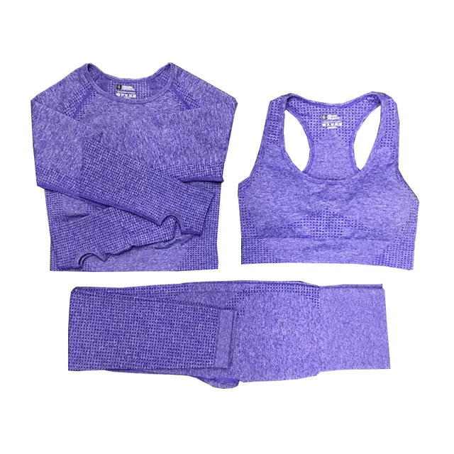 2/3/5PCS Women Sportswear Yoga Set Gym Clothing Tracksuit Long Sleeve Crop Top High Waist Seamless Leggings Fitness Sports Suits 3pcs purple