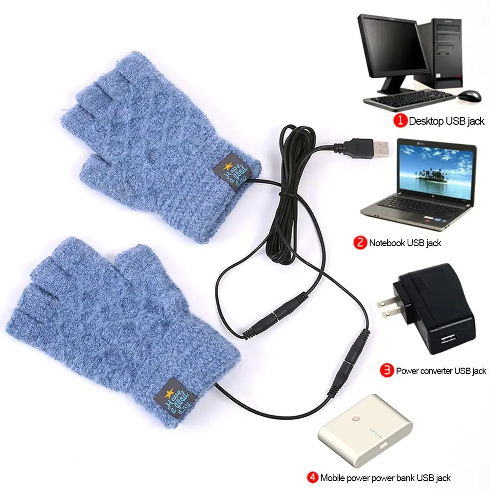 Мужские и женские USB перчатки с подогревом, USB грелки для рук, зимние теплые перчатки без пальцев для дома, повседневной работы, кемпинга, работы
