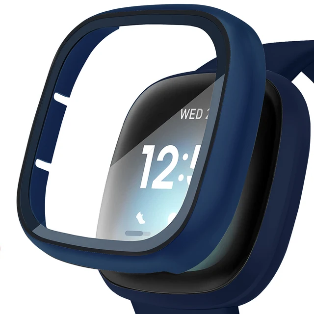 Ultra-Thin Glass Screen Protector Compatible With Fitbit Versa 3/Sense Soft Protective Case All-Around Full Cover Bumper Shell Midnight blue