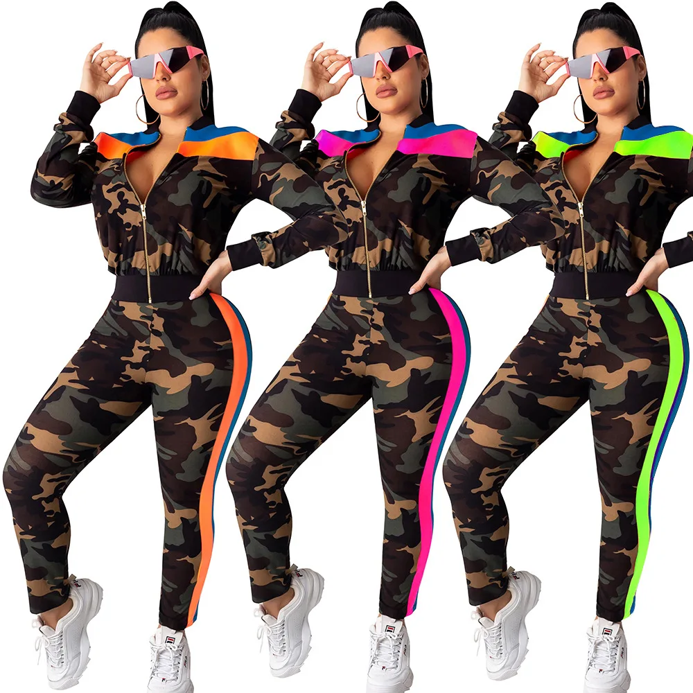 

2019 Autumn Explosion Women's Sportswear Set Camouflage Army Green 2 Sets Of Fashion Sweater Cotton Thread Stitching Set CM609