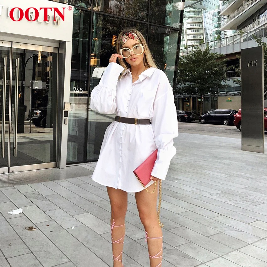

OOTN Elegant Button Women Dress Shirt Long Sleeve Cotton Mini Autumn Dresses Casual Single Breasted Loose Office Ladies Vestidos