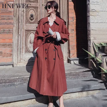 

Red Lapel Long Sleeve Double-breasted Belt Loose Plus Windbreaker Woman Casual Simple Fashion 2019 Autumn Coat New S570