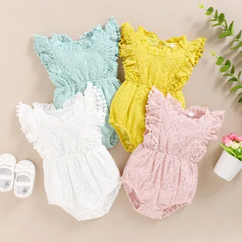 

Baby Girls Bodysuit Fly Sleeves Lace Children Baby Jumpsuit 2020 Summer Lace Sleeveless Bodysuit Overall Cute Baby Girls Clothes