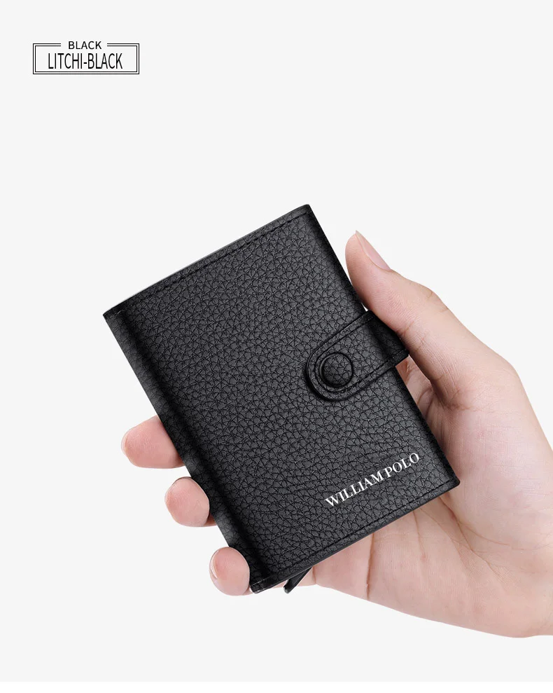 Litchi black Мужской кошелек с Rfid, натуральная кожа, маленький карман на кнопке, мужской короткий кошелек, чехол для карт, тонкий, мода - Цвет: Litchi black