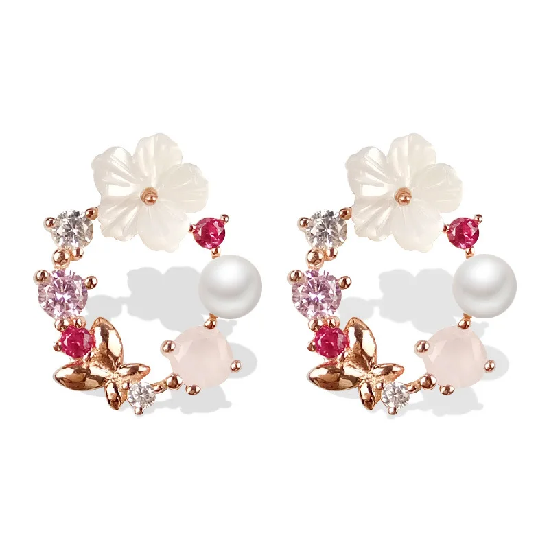 

Temperament fashion simple CZ earrings crystal branch White flower Stud Earrings for Ladies Flowers Style and silver ear stud