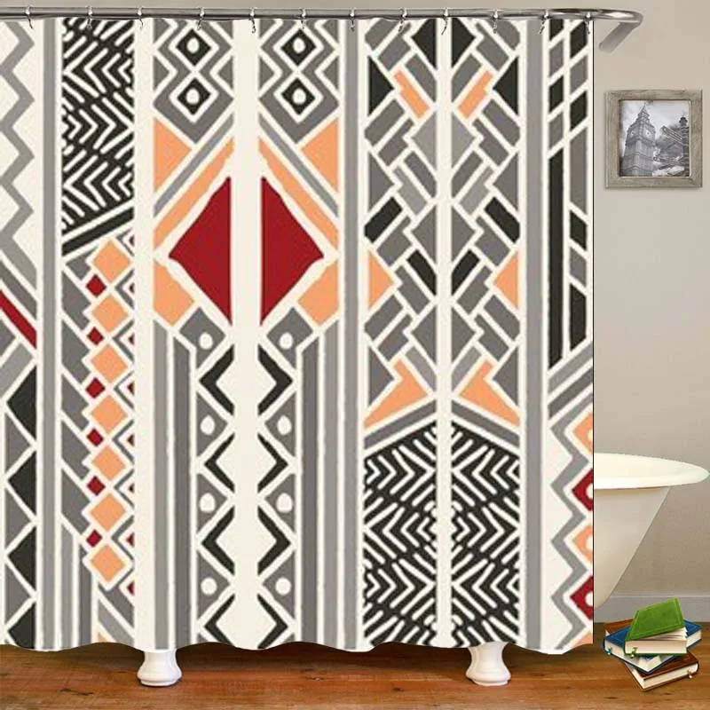 Ethnic Elegant Gray Geometric Shower Curtain Bathroom Curtain Tribal African Curtains for Bath
