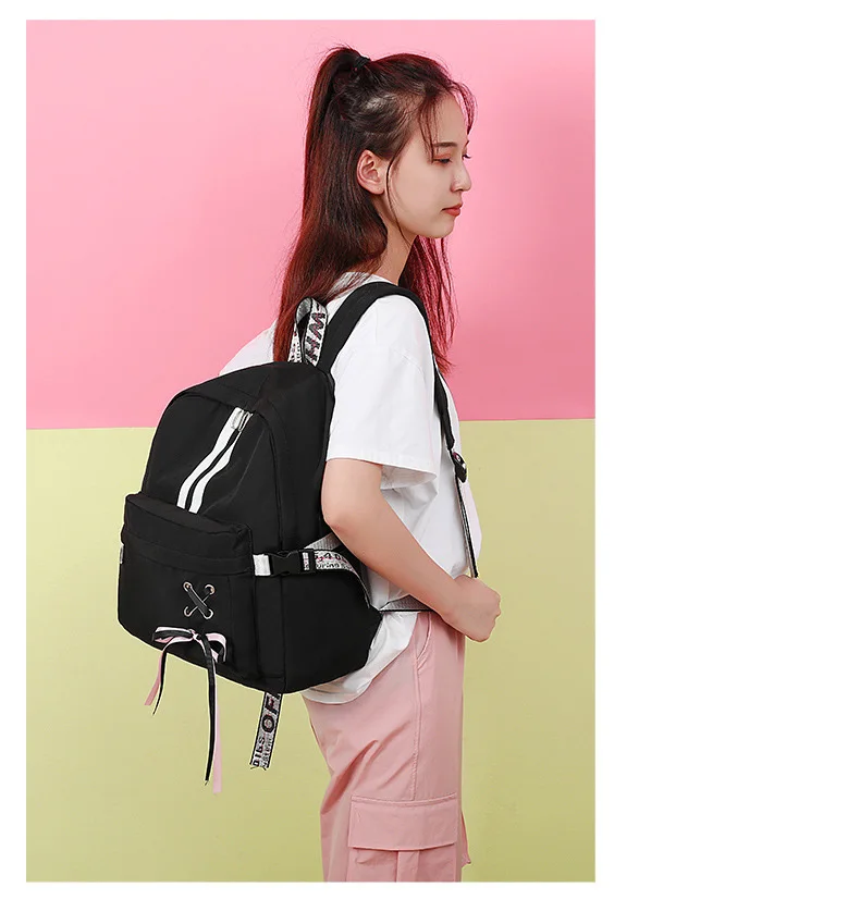 2019 Brand Design Women Casual Nylon Backpack Purse Teenager Girls Pink School Bags Ladies Bow Backpack Big Travel Rucksack Bags (13)