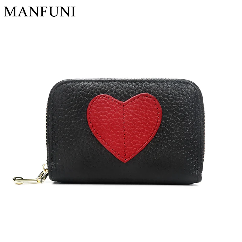 

Mini Short Wallet For Women Genuine Leather Heart Shape Decoration Daily Casual Coin Pocket Purse Card Holders Black Red