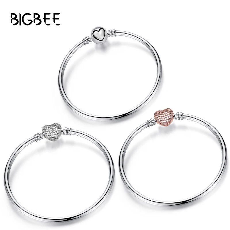 

New Clear Crystal Heart Charms Base Chain Bangles Fit Original Pan Bracelet Rose Gold CZ Heart Clip Beads DIY Women Jewelry Gift