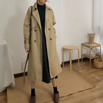 

Spring And Autumn Women Fashion Brand Korea Style Waist Belt Loose Khaki Color Trench Female Casual Elegant Soft Long Coat Cloth