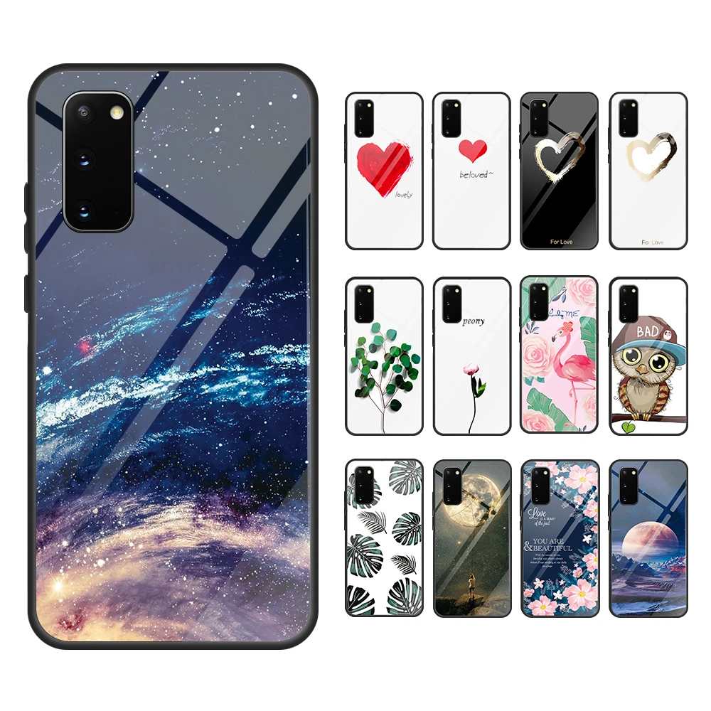 

Shockproof Phone Case For Samsung A10 20 30 50 70 51 71 M20 J4 J6 Flower Type Gradient Starry Sky Leaves Heart-shaped Glass Case