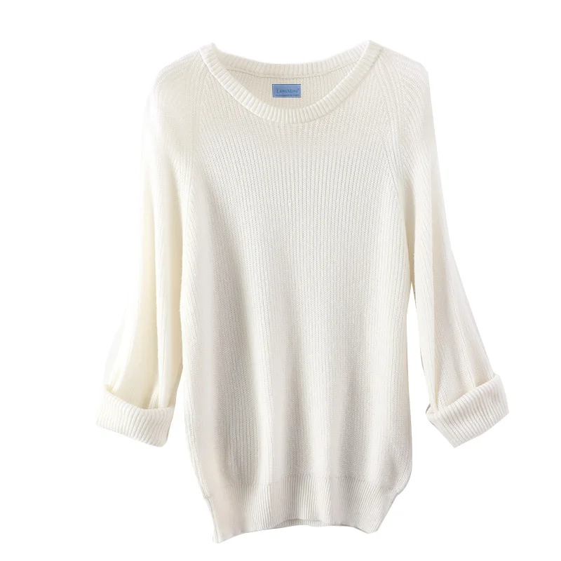 Women's Knitted Batwing Sweater - Loose Fit Long Sleeve Pullover, O-Neck, Solid Color, Wool Blend - View #10