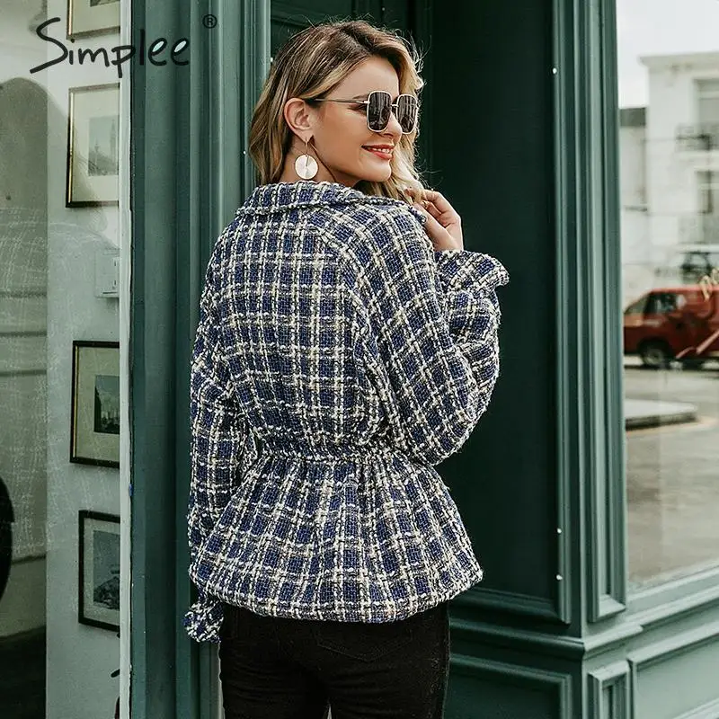 low cost  Simplee Elegant women plaid tweed jacket coat Lantern sleeve streetwear female outwear coat Elastic