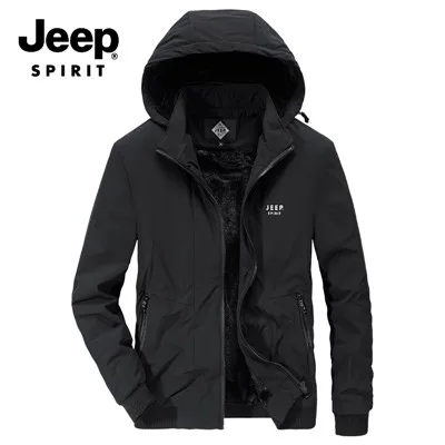 JEEP SPIRIT зимняя куртка мужская мода с капюшоном воротник флис толстое теплое пальто мужской ветровка рукав на резинке мужская верхняя одежда M-4XL - Цвет: Черный
