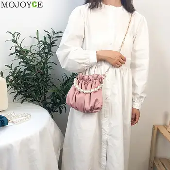 

Satin Pleated Shoulder Bag Women Classic Texture Creative Delicate Design Chic Pearl Handle Totes Messenger Small Handbags