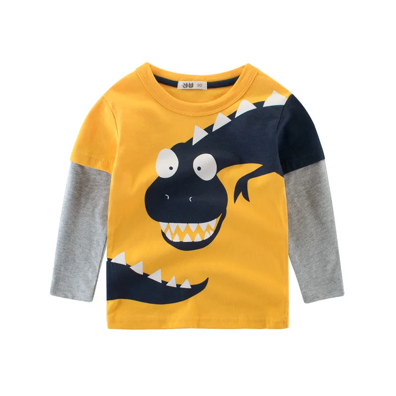 Весенне-осенняя футболка с длинным рукавом с динозавром; хлопковая одежда для детей; Милая футболка с рисунком динозавра из мультфильма; повседневные футболки для маленьких мальчиков