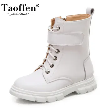 

Taoffen Small Size 26-39Women Ankle Boots Pu Flats Cross Strap Zipper Shoes Buckle Warm Boots Winter Fashion Office Footwear