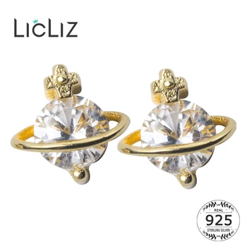 

LicLiz 925 Sterling Silver Clear CZ Zircon Stars Gold Stud Earrings for Women Loop Planets Crystal 925 Jewelry Gifts LE0534