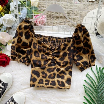 

sexy leopard women blouse summer new square collar puff sleeved short high waist night club slim female pulls tops
