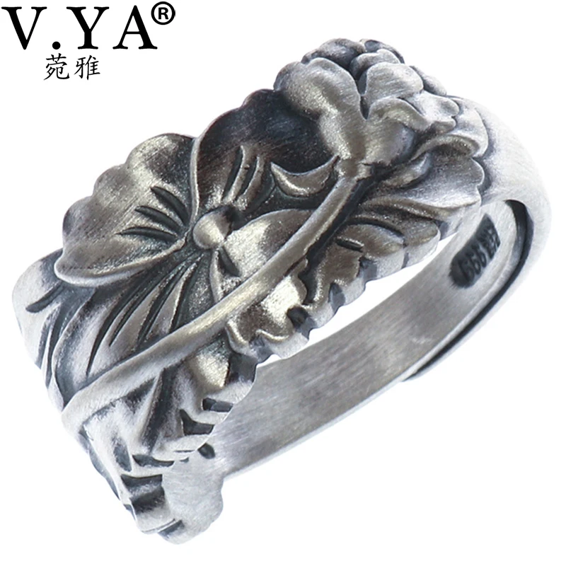 

V.YA Vintage Flower Six Word Rings For Women Adjustable Blessing Ring Thai 990 Sterling Silver Jewelry