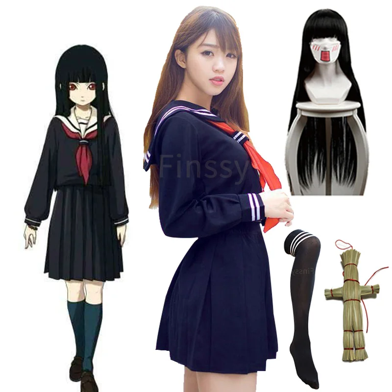 

Костюм для косплея аниме Jigoku Shoujo Enma, костюм для Хэллоуина, карнавала, Лори, вечеринки, юбка с коротким рукавом, полный парик, страшные носки