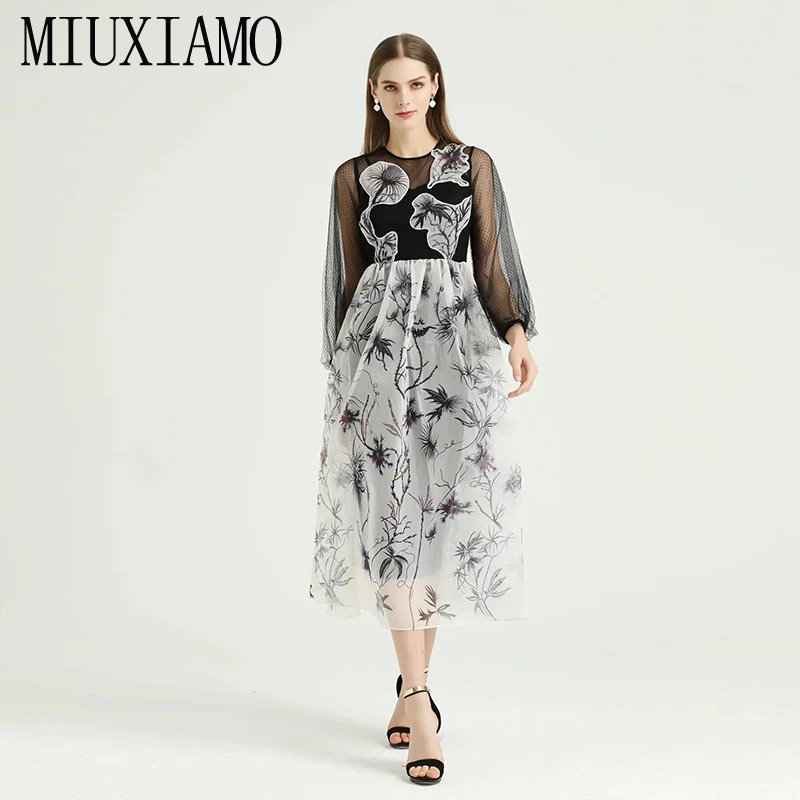 MIUXIMAO, высокое качество,, весеннее платье, цветочный принт, длинный рукав, элегантное, с вышивкой, длинное платье для женщин, vestidos